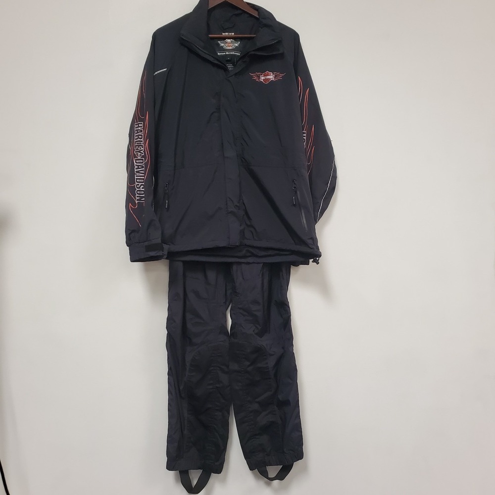 Harley Davidson Mens Two Piece Rain Suit Size M Black Reflective With Bag Biker